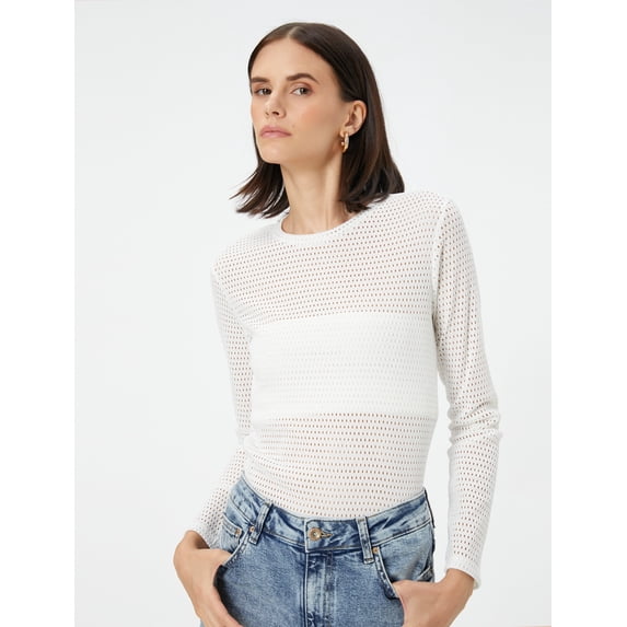 Fishnet Lined Long Sleeve Crew Neck T-Shirt