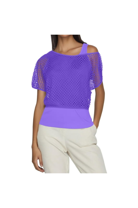 Fishnet Neon Off Shoulder T-Shirt Women Fashion Short Sleeve Mesh Crop Tops And Vest 2 Piece Set 80s Neon Costumes