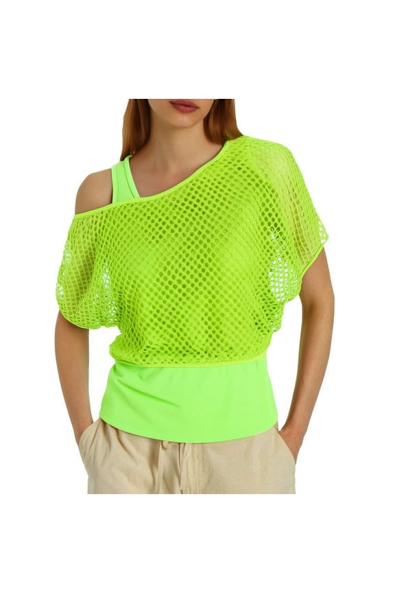 Fishnet Neon Off Shoulder T-Shirt Women Fashion Short Sleeve Mesh Crop Tops And Vest 2 Piece Set 80s Neon Costumes