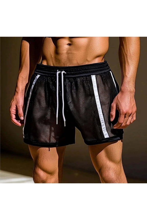 Fishnet Shorts for Men Trendy Hollow-Out Straight Wide Leg Drawstring Elastic Waist Solid Color Lightweight Breathable Nightclub Party Homewear Short