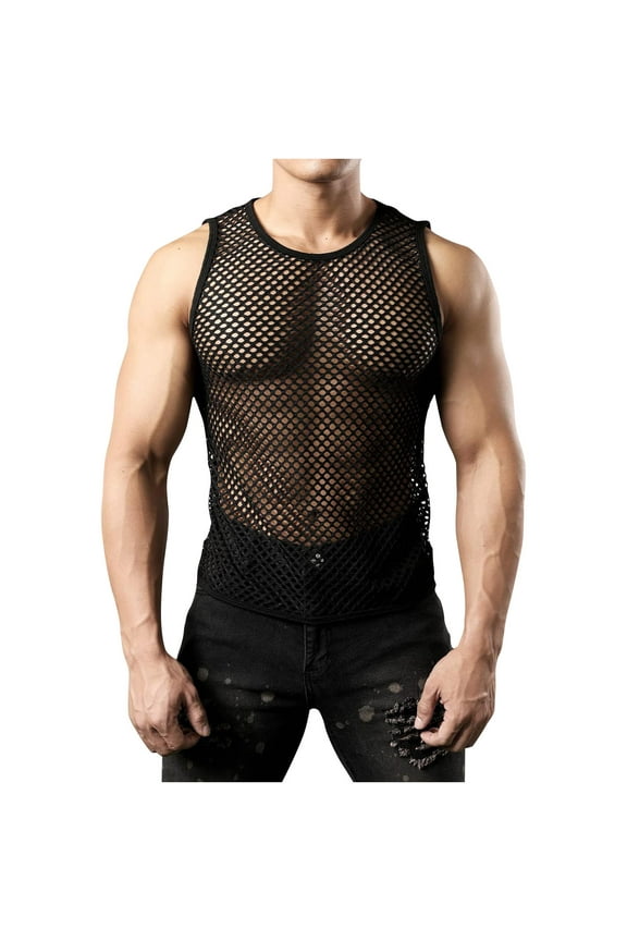 Fishnet Tank Tops for Men Sleeveless Hollow-Out Crewneck Vests Mens Trendy Solid Color Pullover Stretchy Slim Breathable Nightclub Party Tanks