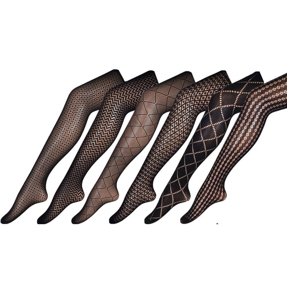 Fishnet Tights for Women – High Waist, S–Plus Size, 6-Pack, Black Brown Navy – CHIRRUPY CHIEF( Black,6-1(XXL))