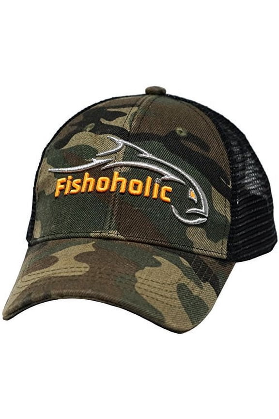 Camo Baseball Snapback Fishing Hat Silver Orange Logo on Front and Bend Your Rod on Back. Fishaholic Registered Trademark. Fly Fish for Bass Trout in Fresh or Saltwater. (Snap-Camo)