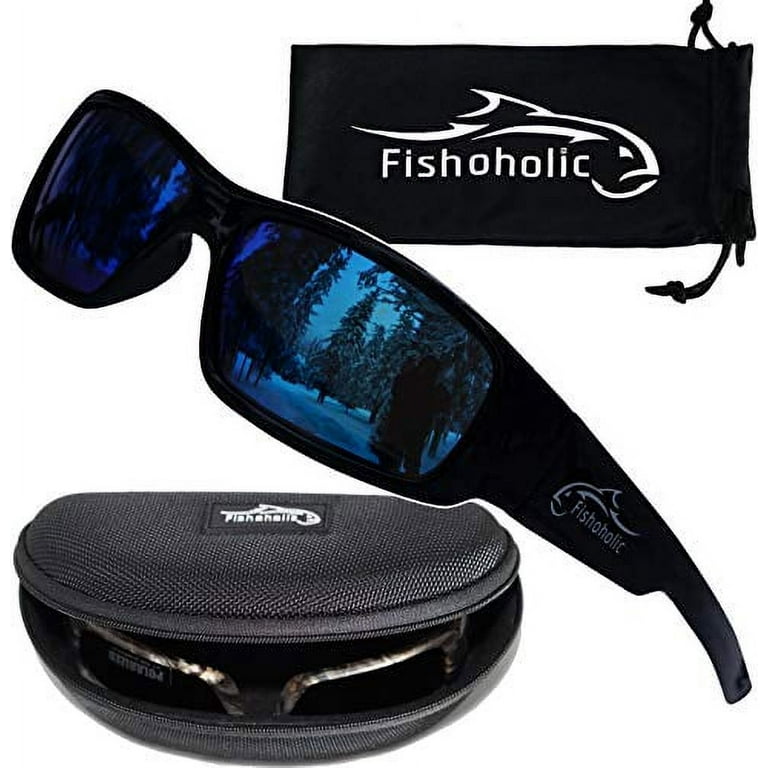 Fishoholic Polarized Fishing Sunglasses w Free Hard Case & Pouch UV400 100%  UV Protection. Best Gift to Fish River Lake Bass Saltwater & Flyfishing (R)  Trademark (Gloss Black, Blue Mirror) : 