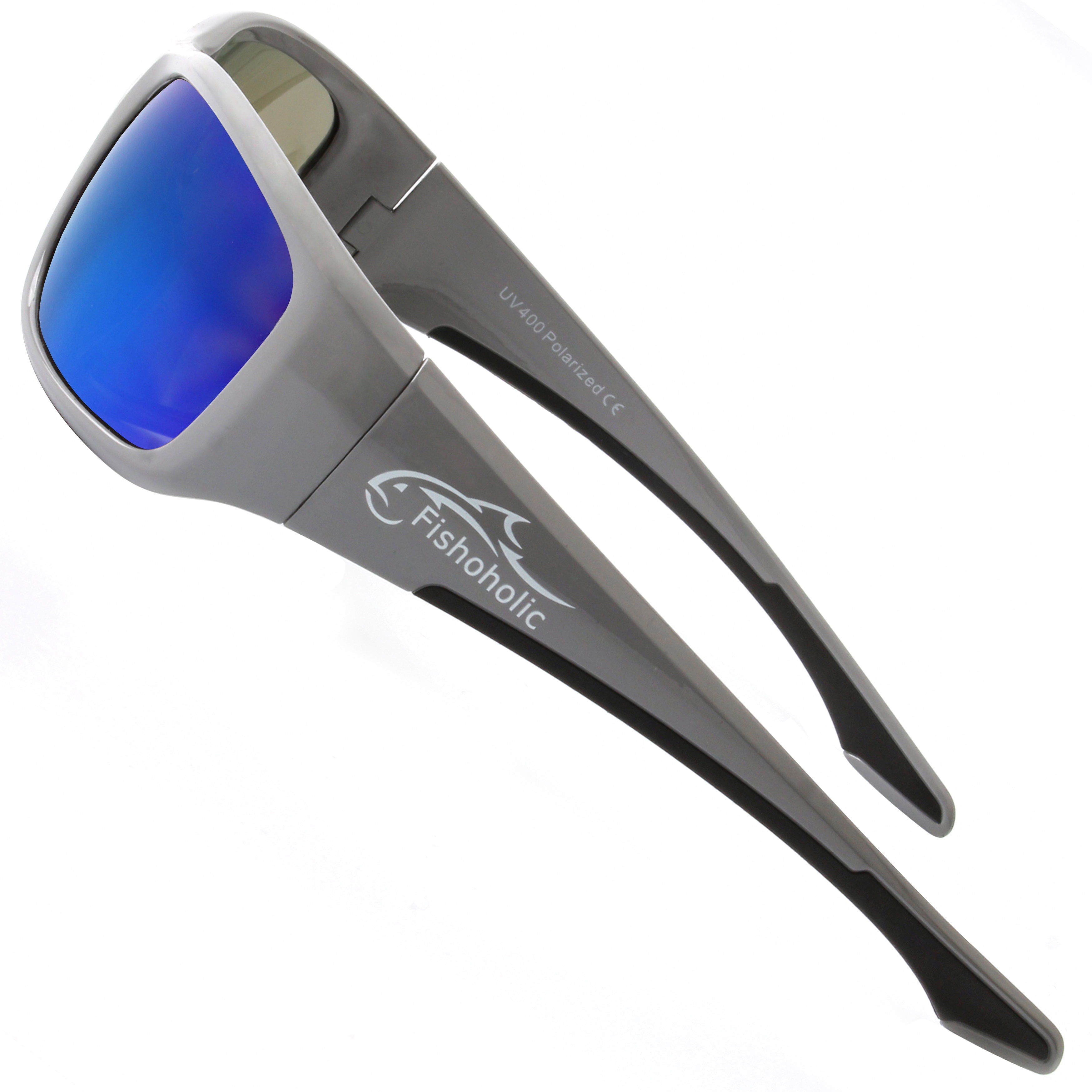 Fishoholic Pro Series Polarized Fishing Sunglasses - 5 Colors - L/XL -  Camo, Blue Mirror, Black - UV400 (gGRY-BLU-blk) 