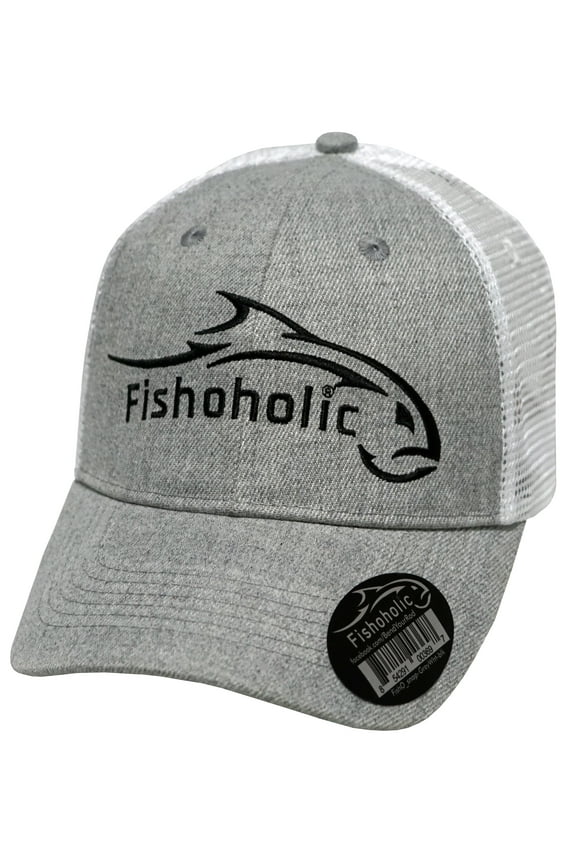 Snapback Baseball Fishing Hat for Men or Women - Trucker - Great Fishing Gift for Father Son Dad Boyfriend Fishaholic (R)TM - Embroidered Logo on Front (snap-GryWht)