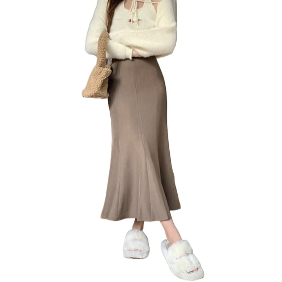Fishtail Skirt Elastic High Waist Ruffle Trim Maxi Skirt Solid Color Hip Wrapped Long Skirt Office Lady Skirt Daily Wear