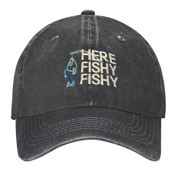 Here Fishy Fishy with Fish And Pole Print Vintage Wash Dad Hat Adjustable Curved Brim Baseball Cap,Made In USA,Casual Outdoor Sports Fishing Cap for Men and Women