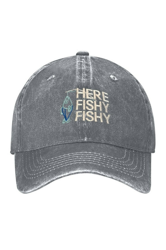 Here Fishy Fishy with Fish And Pole Print Vintage Wash Dad Hat Adjustable Curved Brim Baseball Cap,Made In USA,Casual Outdoor Sports Fishing Cap for Men and Women
