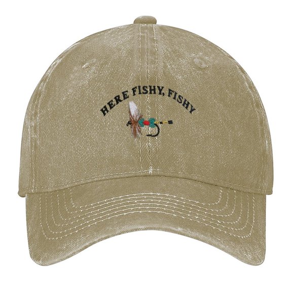 Here Fishy Fishy Fly Cap Print Vintage Wash Dad Hat Adjustable Curved Brim Baseball Cap,Made In USA,Casual Outdoor Sports Fishing Cap for Men and Women