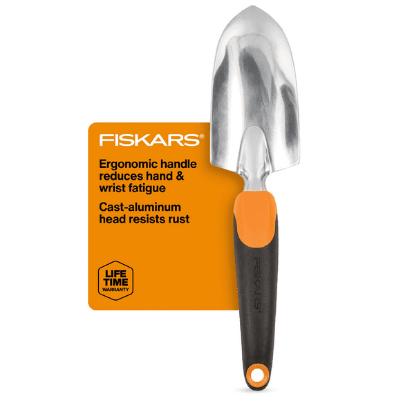 Fiskars 12.25" Cast Aluminum Head, Ergo Flower Bed Trowel, Includes Hang Hole, Black and Orange