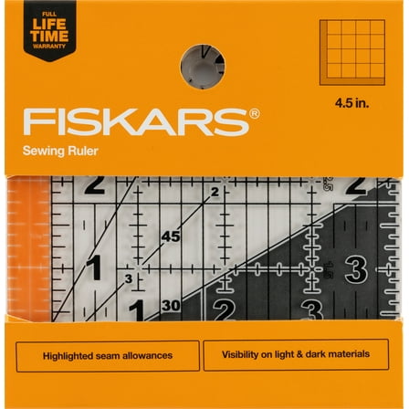 Fiskars 4.5in Square Sewing Ruler, Clear with Two-Toned Grid Lines and Measurements