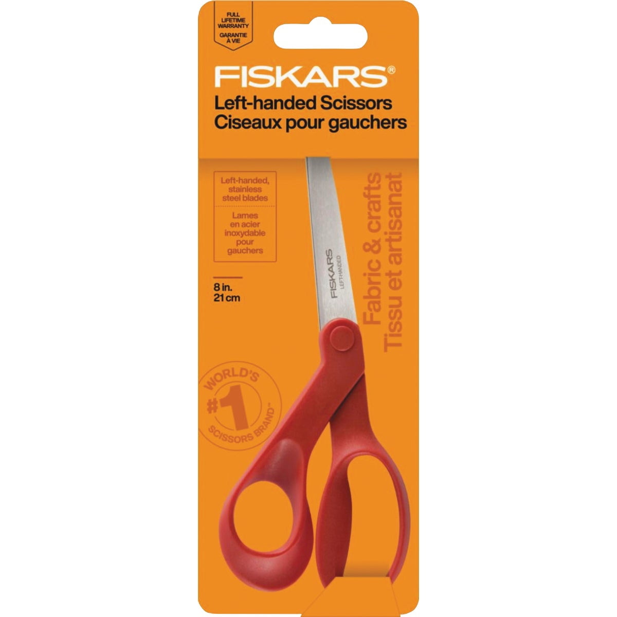 Fiskars Left-Handed Scissors, Precision Cutting for Craft Fabric Paper, Ergonomic Comfort Grip, Stainless Steel, 8", Red