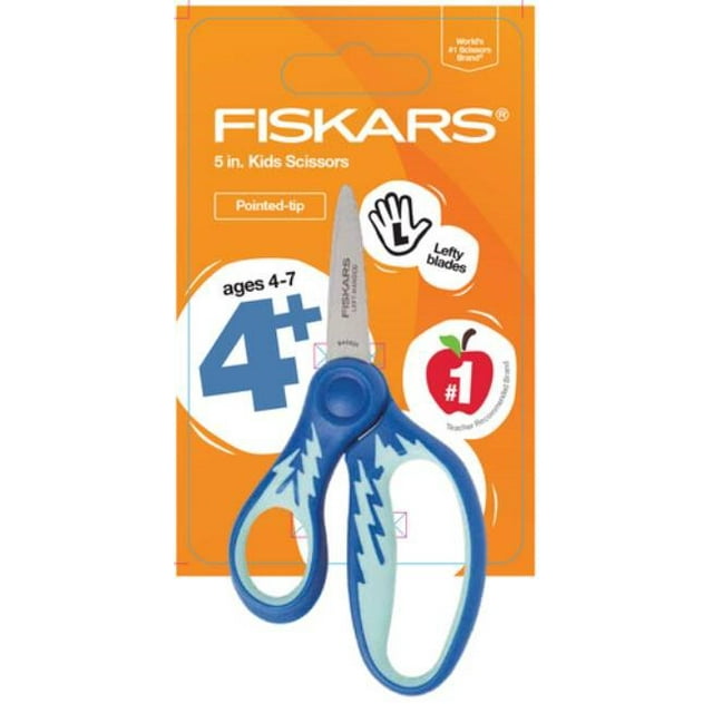 Fiskars 5" Kids Scissors LeftHanded Pointed Tip, Ages 47, Blue