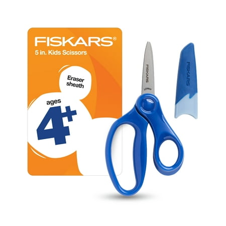 Fiskars 5" Pointed Kids Scissors with Eraser Sheath, Blue (Ages 4+)