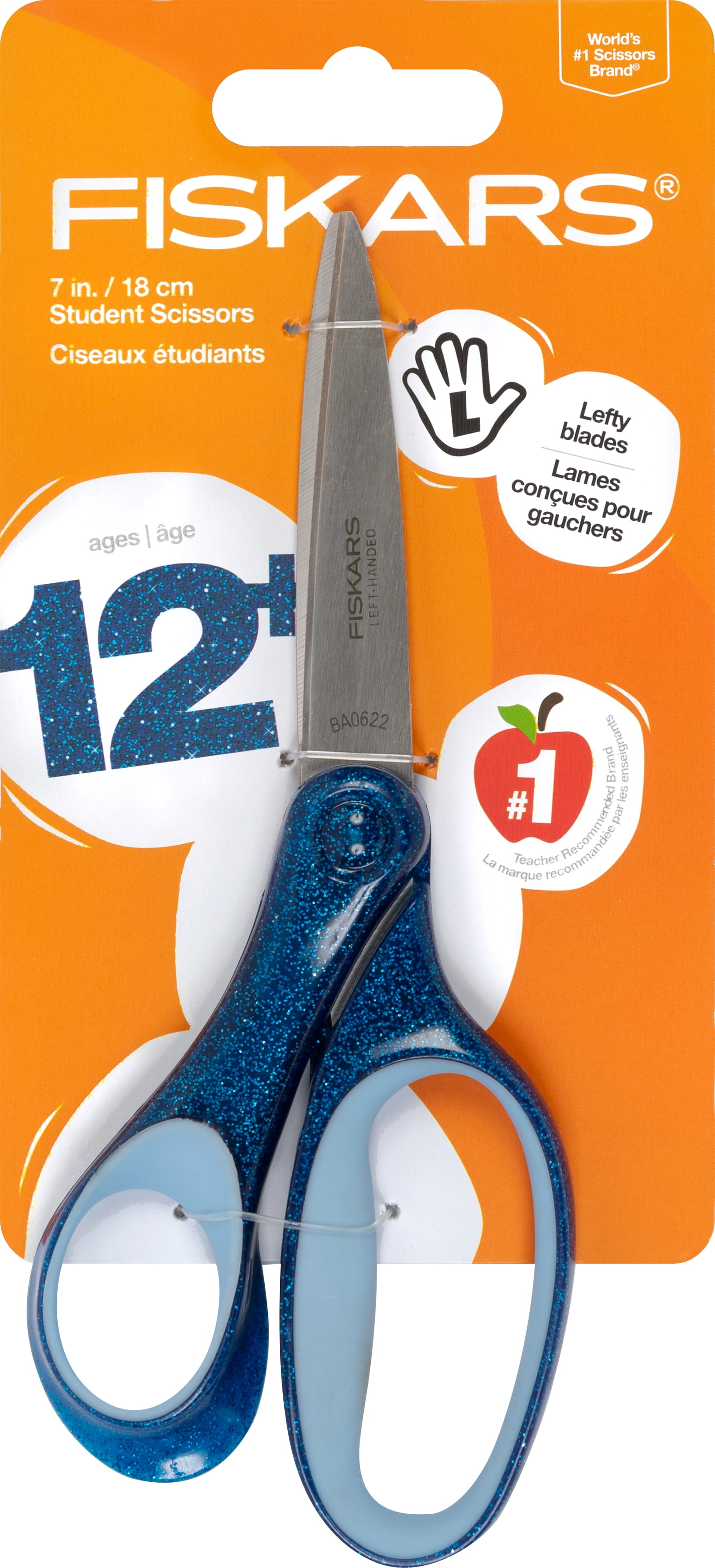 Fiskars 7-inch Left Handed Student Scissors, Ages 12 up, Glitter Blue