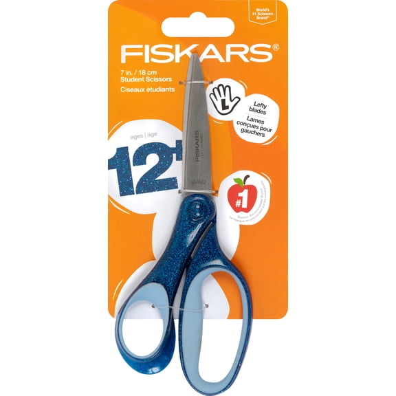 Fiskars 7-inch Left Handed Student Scissors, Ages 12 up, Glitter Blue