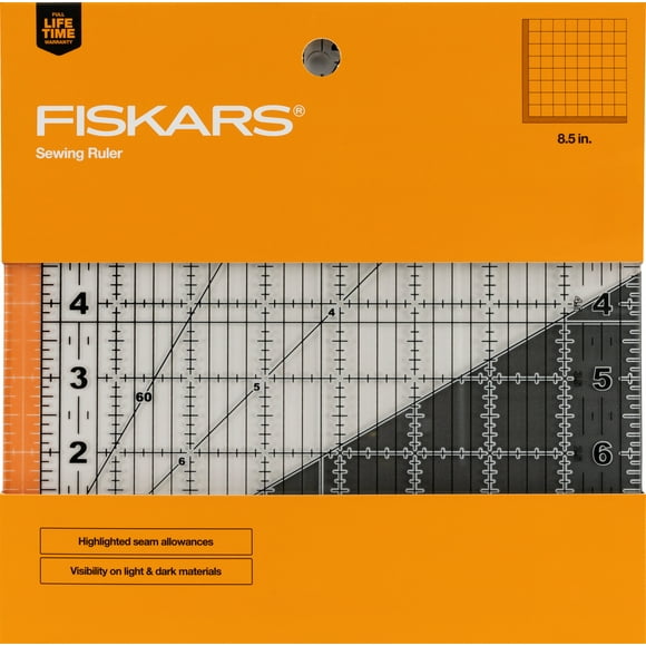 Fiskars 8.5in x 8.5in Square Sewing Ruler, Measuring Tool, Durable 3mm thick clear acrylic, Center 45-degree bias line
