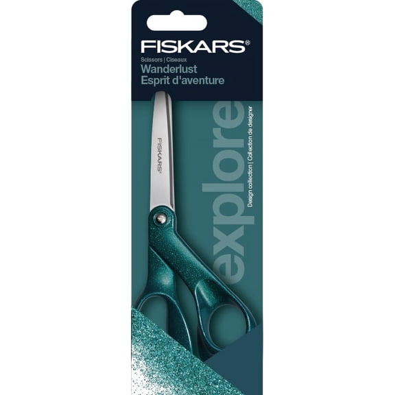 Fiskars 8" Fashion Glitter Scissors, Wanderlust Teal, Everyday Use Scissors, 1 Count