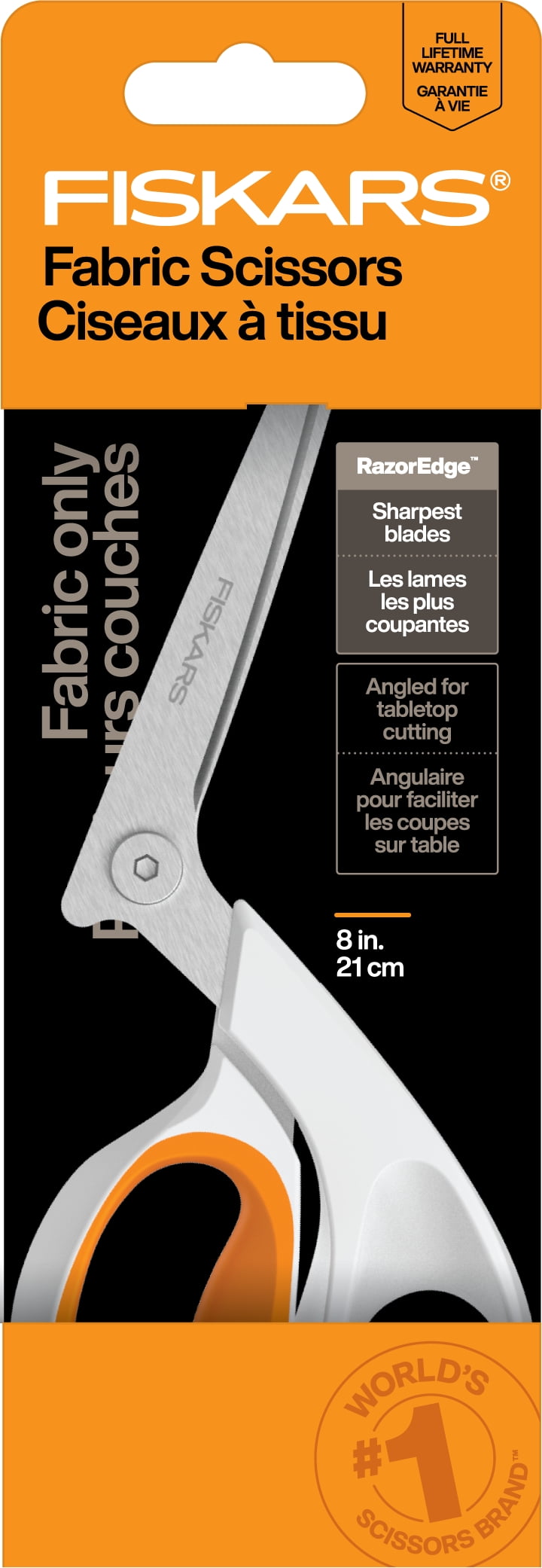 Fiskars 8" Razor Edge Fabric Shears for Tabletop Cutting, White, Sewing Scissors