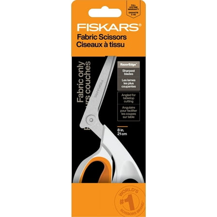 Fiskars 8" Razor Edge Fabric Shears for Tabletop Cutting, White, Sewing Scissors