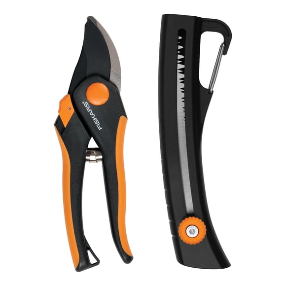 Fiskars Bypass Pruner and Saw Garden Tool Set with Steel Blades and Non-Slip Handles