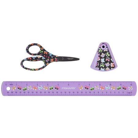 Fiskars Designer Child 3-Piece Set, 5" Elementary School Scissors, 12" Ruler and Sharpener