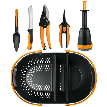 Fiskars Food Harvesting Basket with Garden Tools, 6 Piece Bundle, Stainless Steel, Black/Orange