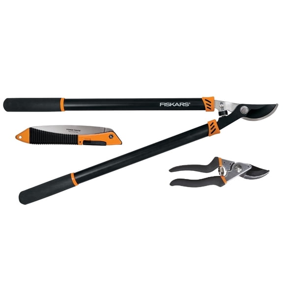 Fiskars Garden Tool Set Hand Pruner, Lopper, & Saw with Steel Blades