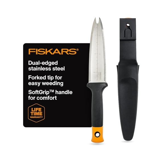Fiskars Hori Hori Garden Knife with Sheath, Multi-Purpose Heavy Duty Gardening Hand Tool for Weeding, Planting, Digging with Hanging Hole