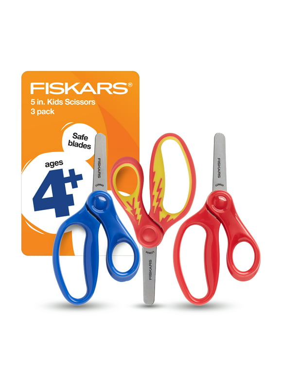 Fiskars Kids Scissors, Blunt-Tip, 5", 3 Pack, Blue, Red, Red and Yellow Lightening