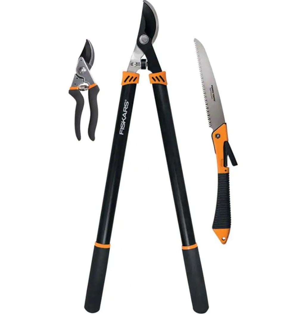 Fiskars Lopper, Pruner and Saw Garden Tool Set with Steel Blades and Contour Grips