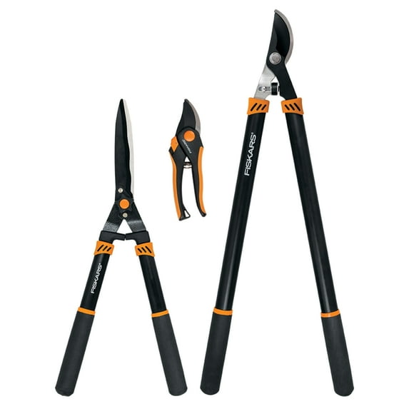 Fiskars Lopper and Pruner Garden Tool 3-Piece Set with Stainless Steel Blades, Black and Orange