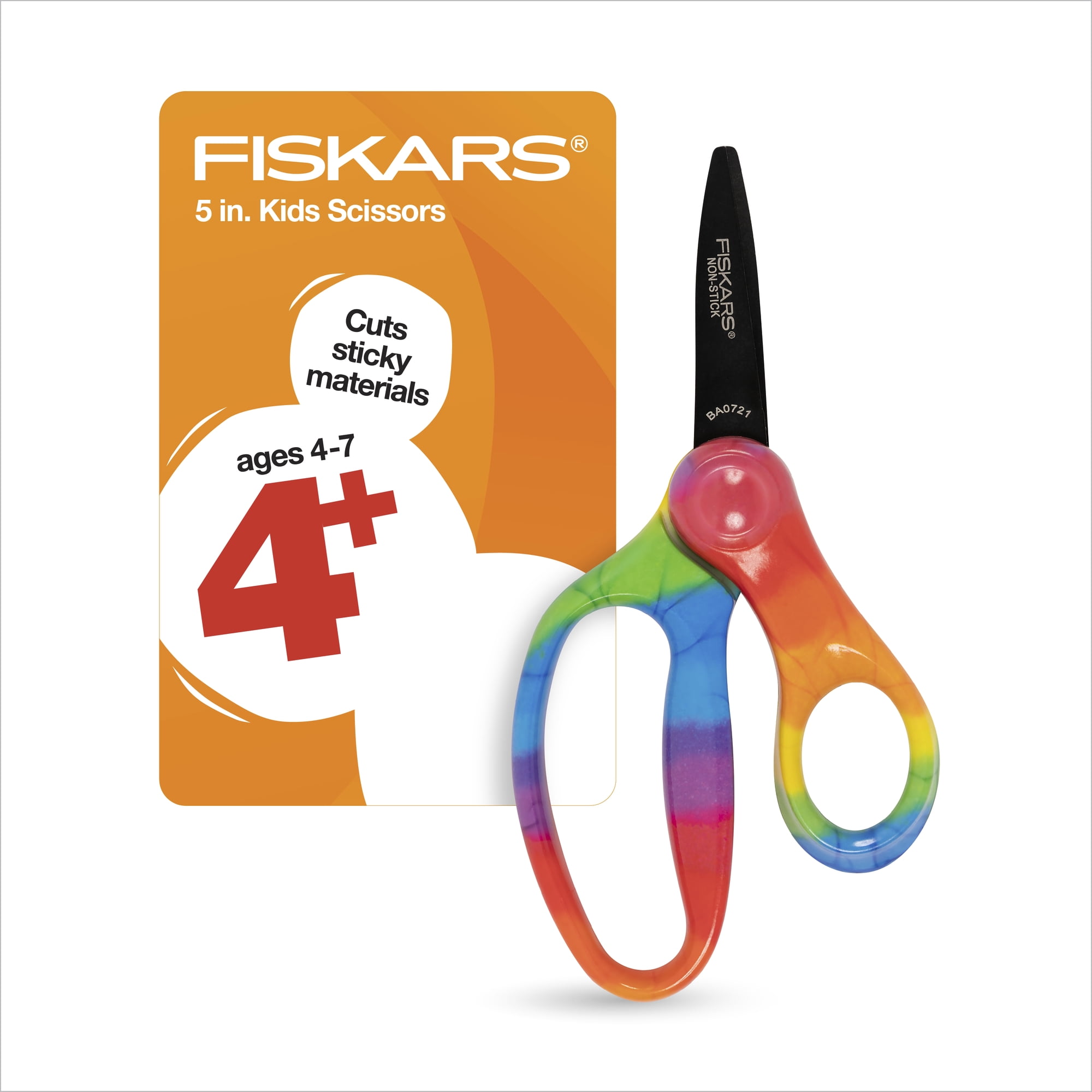 Fiskars Non-Stick Kids Scissors, 5", Pointed, School Supplies for Kids 4+, Rainbow