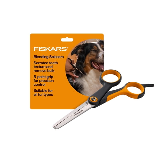 Fiskars Pet, Dog and Cat Grooming Scissors, Serrated Teeth for Thinning & SoftGrip Handle, Cat and Dog Supplies, 6.5, Orange/Black, Blending Scissors