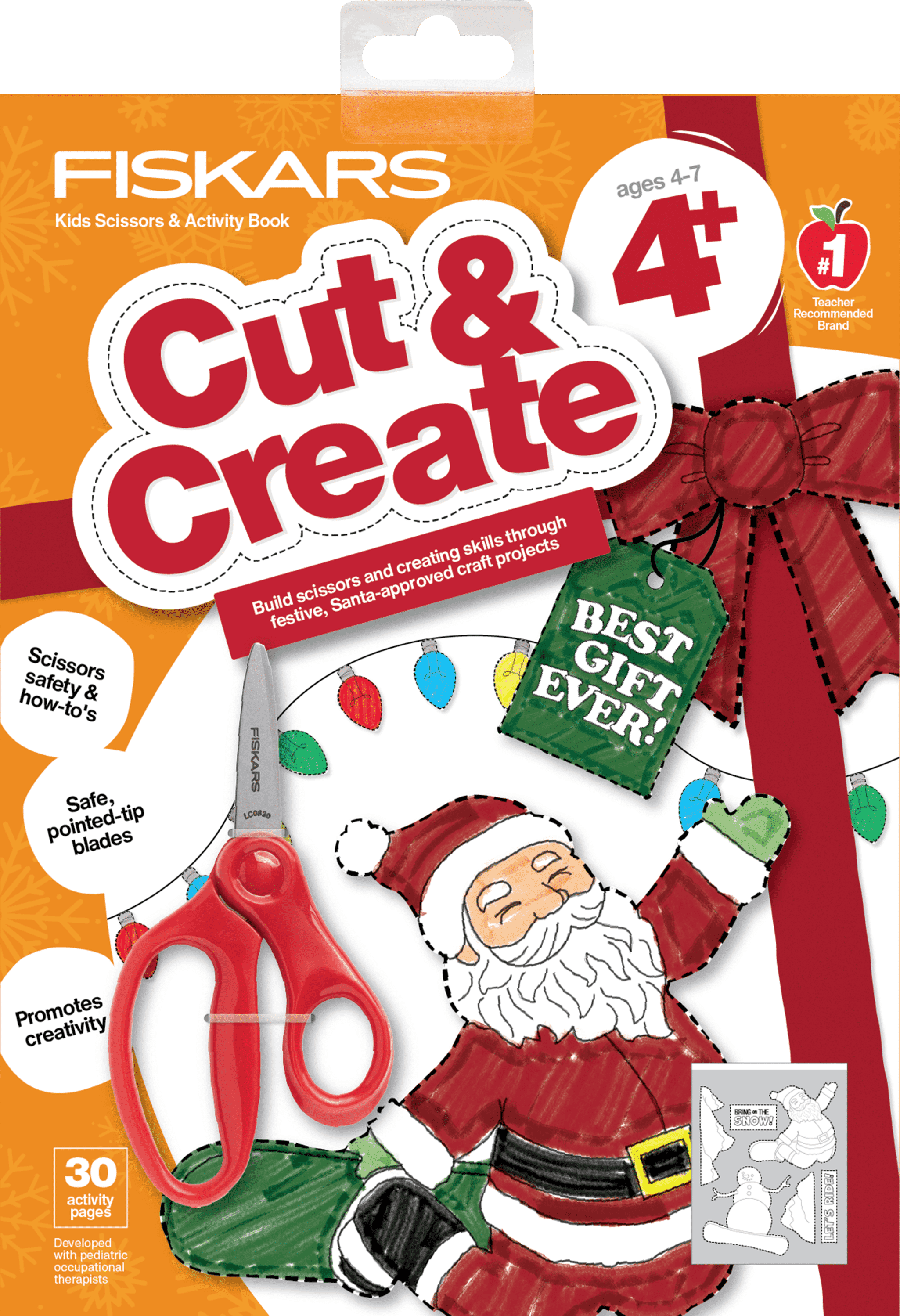 Fiskars Christmas Crafts Paperback Activity Book with 5" Pointed-tip Scissors, Stocking Stuffers for Kids