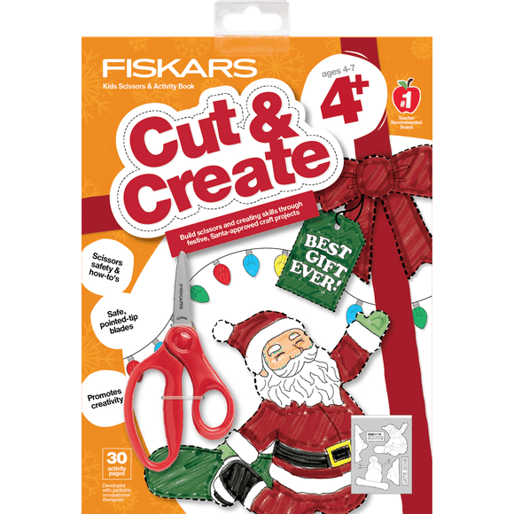 Fiskars Christmas Crafts Paperback Activity Book with 5" Pointed-tip Scissors, Stocking Stuffers for Kids