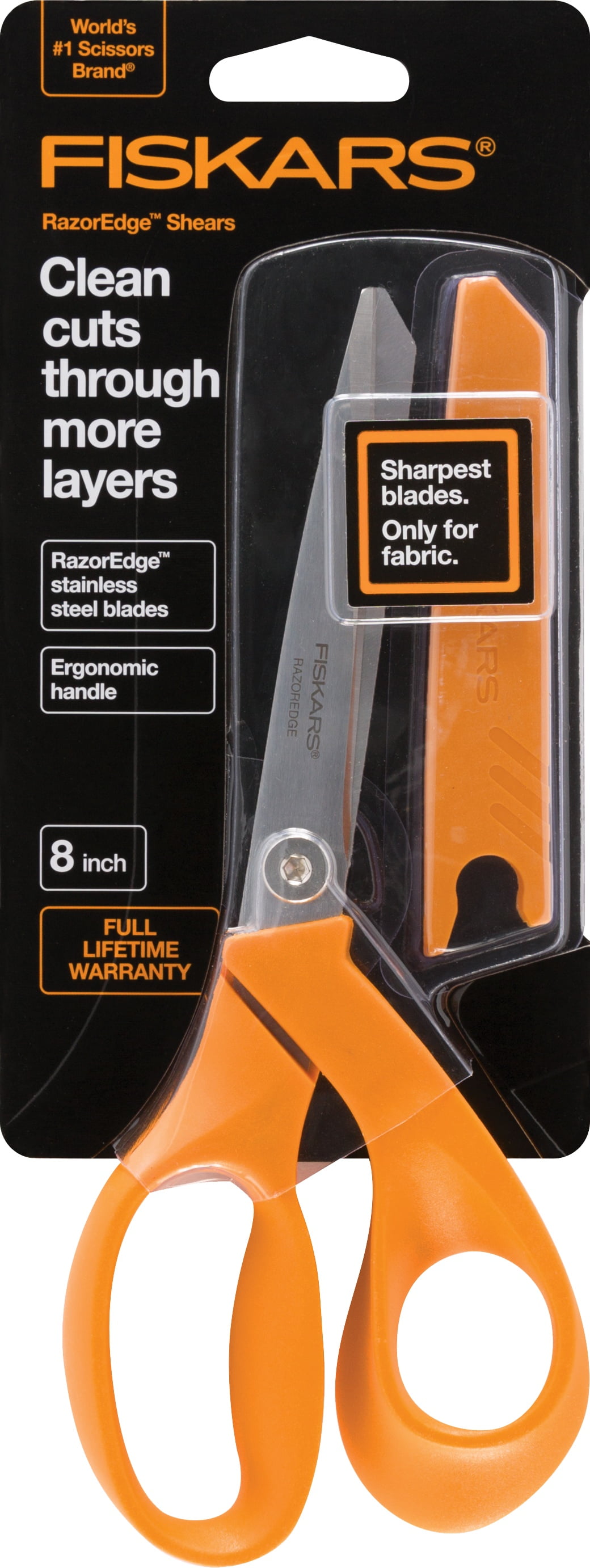 Fiskars RazorEdge SoftGrip Fabric Scissors, 8" Heavy Duty Bent Blade, Orange