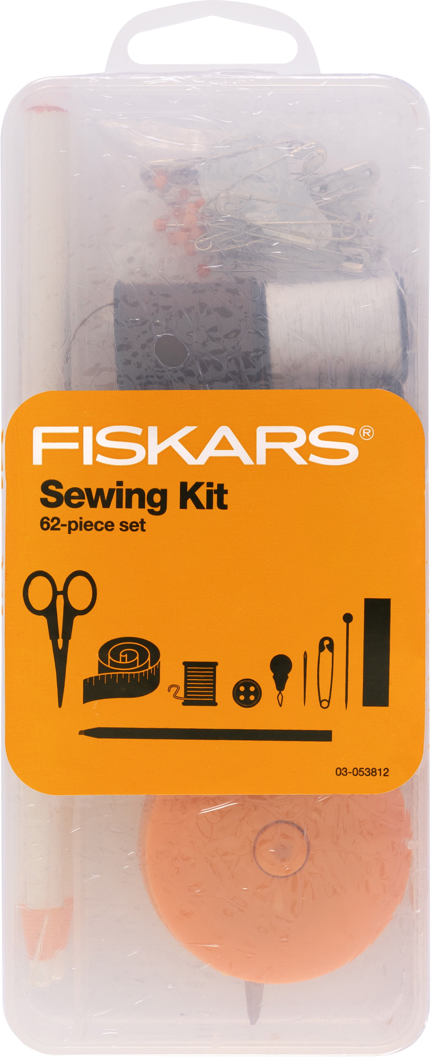 Fiskars Sewing Survival Kit: Travel Size with Tape Measure, Needles, Thread & Scissors, 62 Pieces