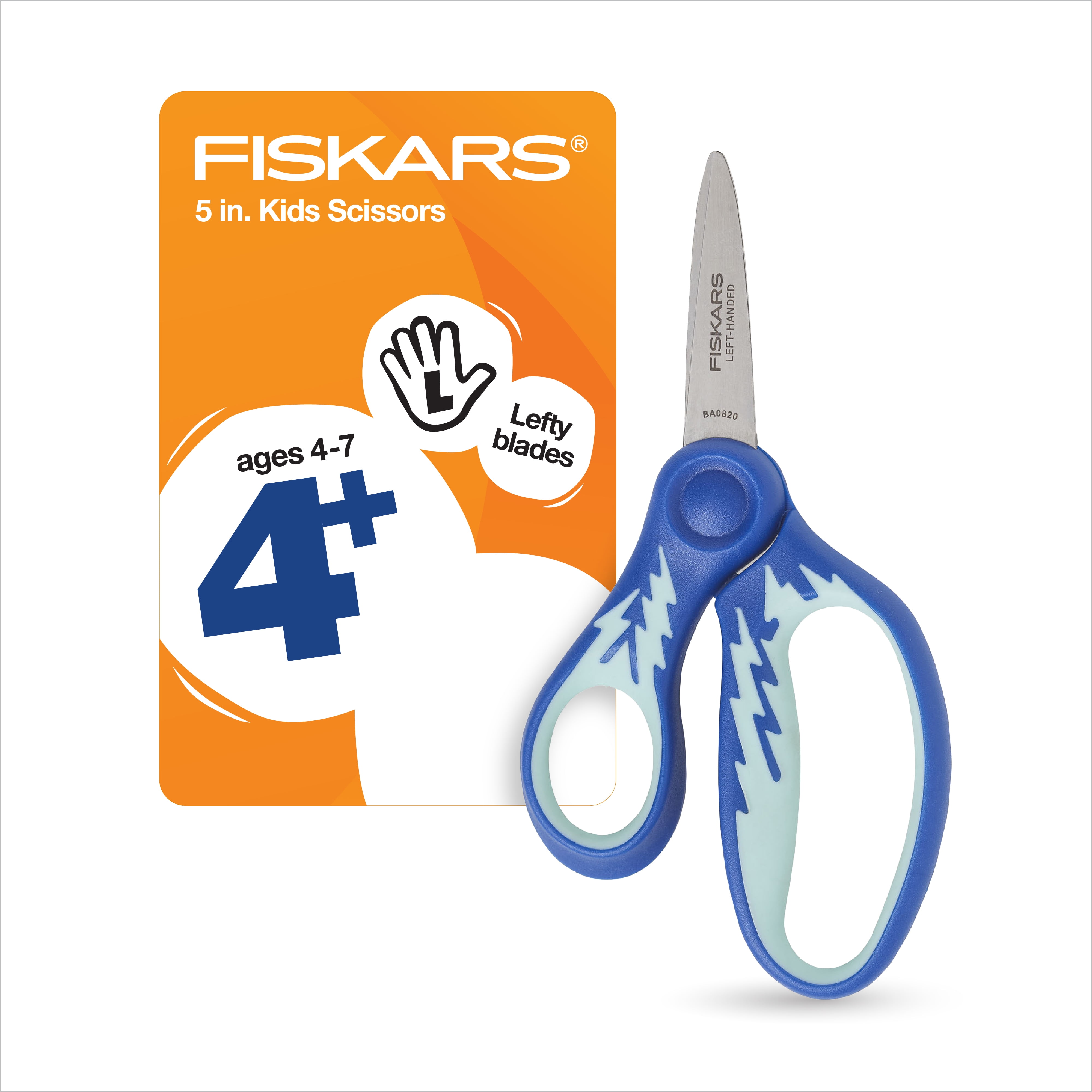 Fiskars SoftGrip Left-Handed Kids Scissors, 5, Pointed, School Supplies  for Kids 4+, Blue Lightning