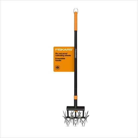 Fiskars Steel Rotary Cultivator Garden Tool with Extendable Handle, Black and Orange, 1 Count