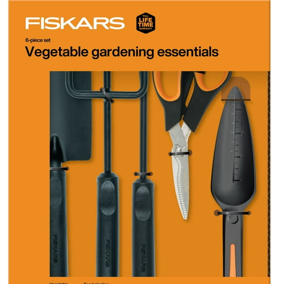 Fiskars Vegetable Garden Tool Set with Vegetable Shears, Seed Sower, Trowel, Cultivator, Weeder, and L/XL Garden Gloves for Indoor or Outdoor Gardening (6 Piece Kit)