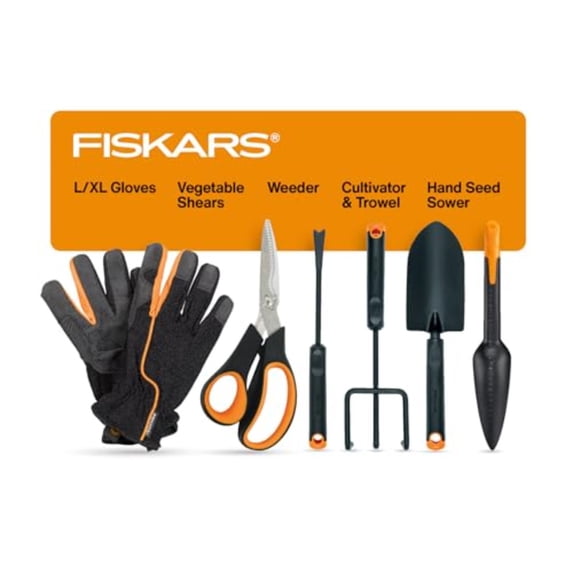 Fiskars Vegetable Gardening Essentials 6-Piece Tool Set for Cultivating Serrated Stainless Steel Shears and 4-in-1 Seed Sower for Planting Rust-Resistant Steel Trowel Cultivator Weeder L/XL Gloves