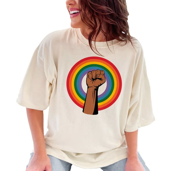 Fist with Rainbow Shirt Graphic Tee Rainbow Equality T-Shirt, Ivory Comfort Colors T-Shirt, Large