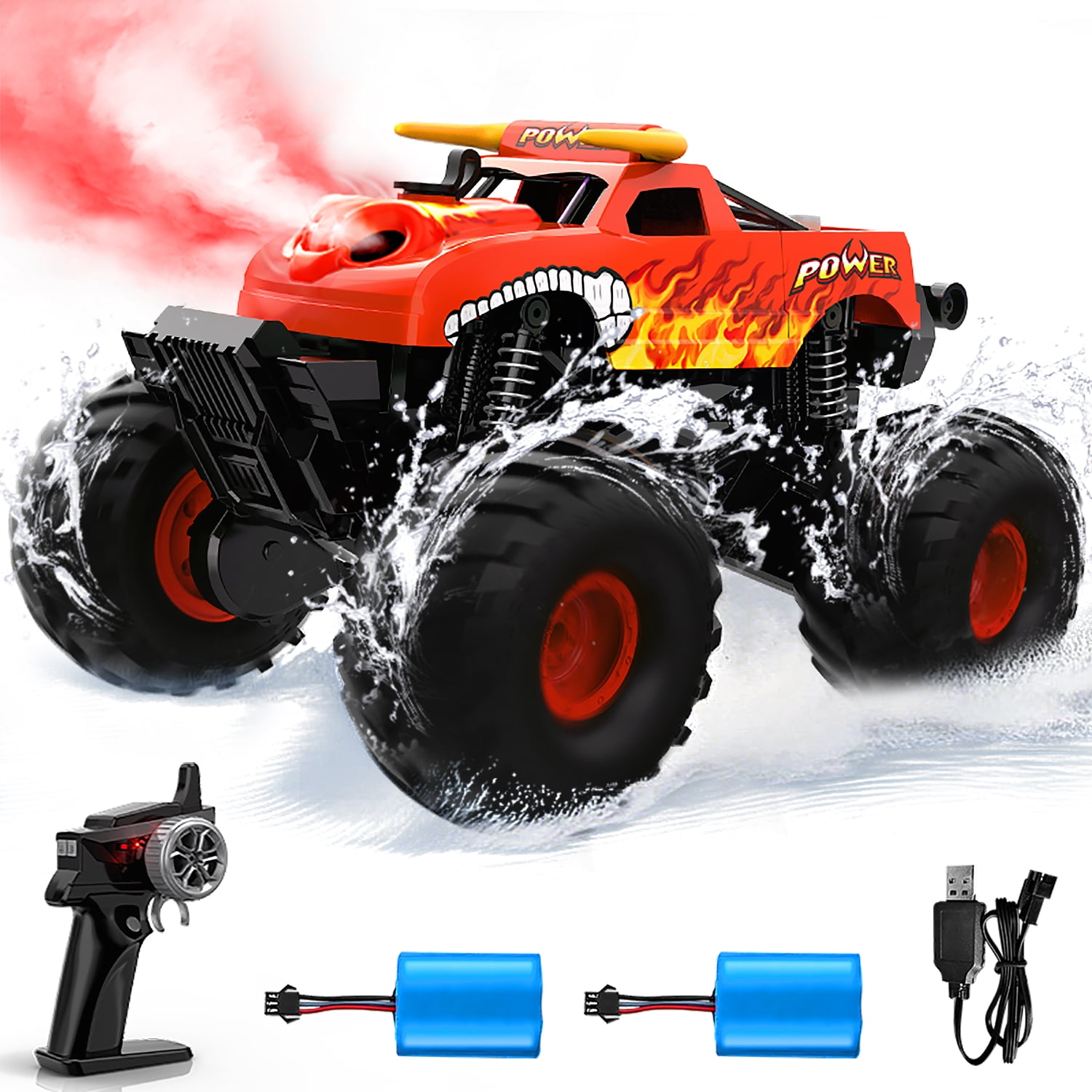 Fistone Amphibious Remote Control Car, 2.4GHz RC Monster Truck with Spray and Light, 4WD All-terrian Off-Road Amphibious Vehicle Toy Gifts for Kids Boys/Girls Age 6+