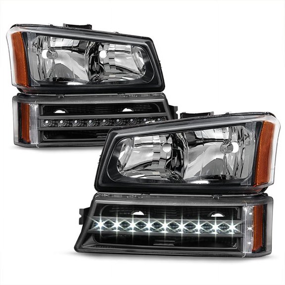AKKON - For 2003-06 Chevy Silverado | 2003-07 Avalanche Black Headlights LED DRL Bumper Turn Signal Lamps Pair