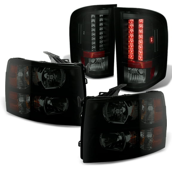 AKKON - For Black Smoked Fits 2007-2013 Chevy Silverado 1500 2500HD 3500 HD Headlights + LED Tail Lights Lamps
