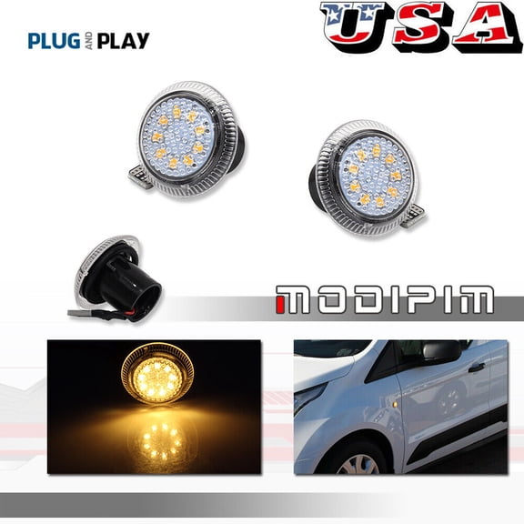 Fit 10+ for Ford Transit Connect Side Fender Turn Signal Lights - Amber LED 9T1Z13K376A -