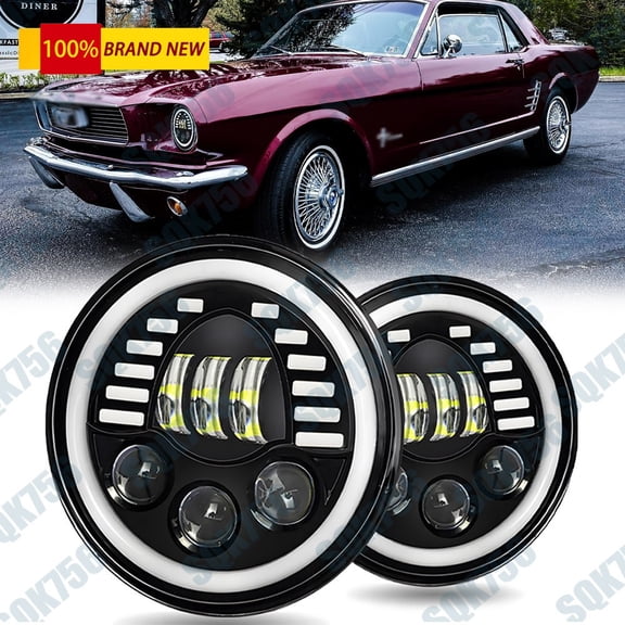 Fit 1965-1978 for Ford Mustang Upgrade Chrome 2PC 7inch LED Hi/Lo Headlight Halo