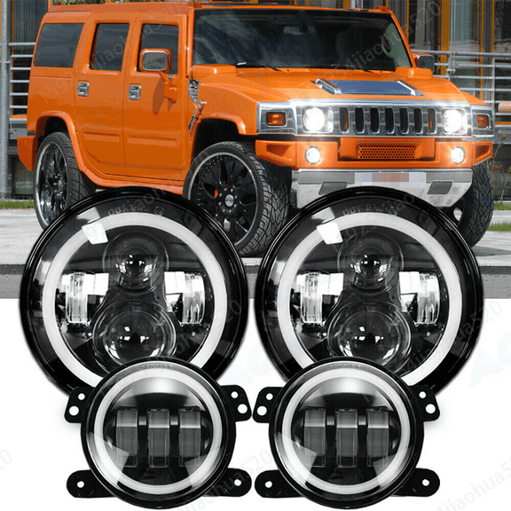 Fit 2006 2007 2008 2099 2010 Hummer H3 7inch LED Headlights 4'' Halo Fog Lights